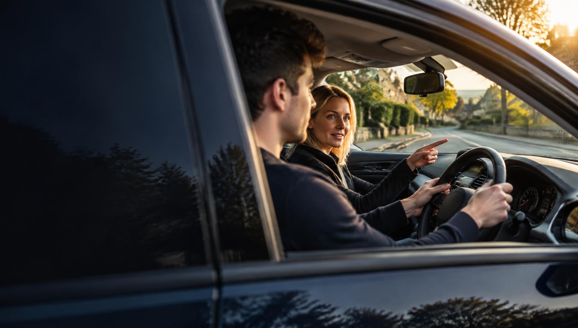 Trainee driving instructor guiding a learner driver in a dual control tuition car